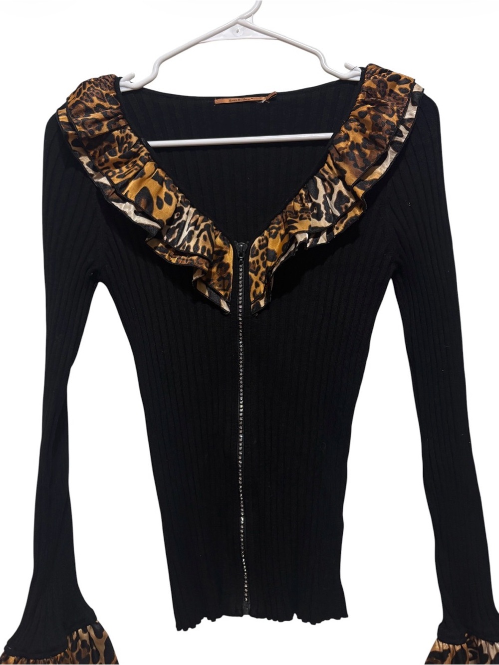 Belldini Black Ribbed Zip Cardigan with Leopard Ruffle Trim - Picture 3 of 6